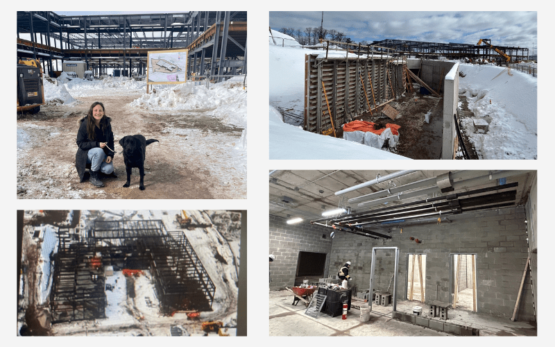 A collage showing Lara and "Supervisor" Turner in front of a very snowy building site
in the top left and in the top right a ground Level view with lots of snow. At the bottom left, an aerial photo with the framing not quite complete and in the bottom right, trades-people working in the basement level .