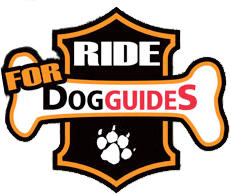 Image of the Motorcycle Ride for Dog Guides logo, featuring a stylized dog bone shape with the words Ride for Dog Guides and a paw print in the center.
